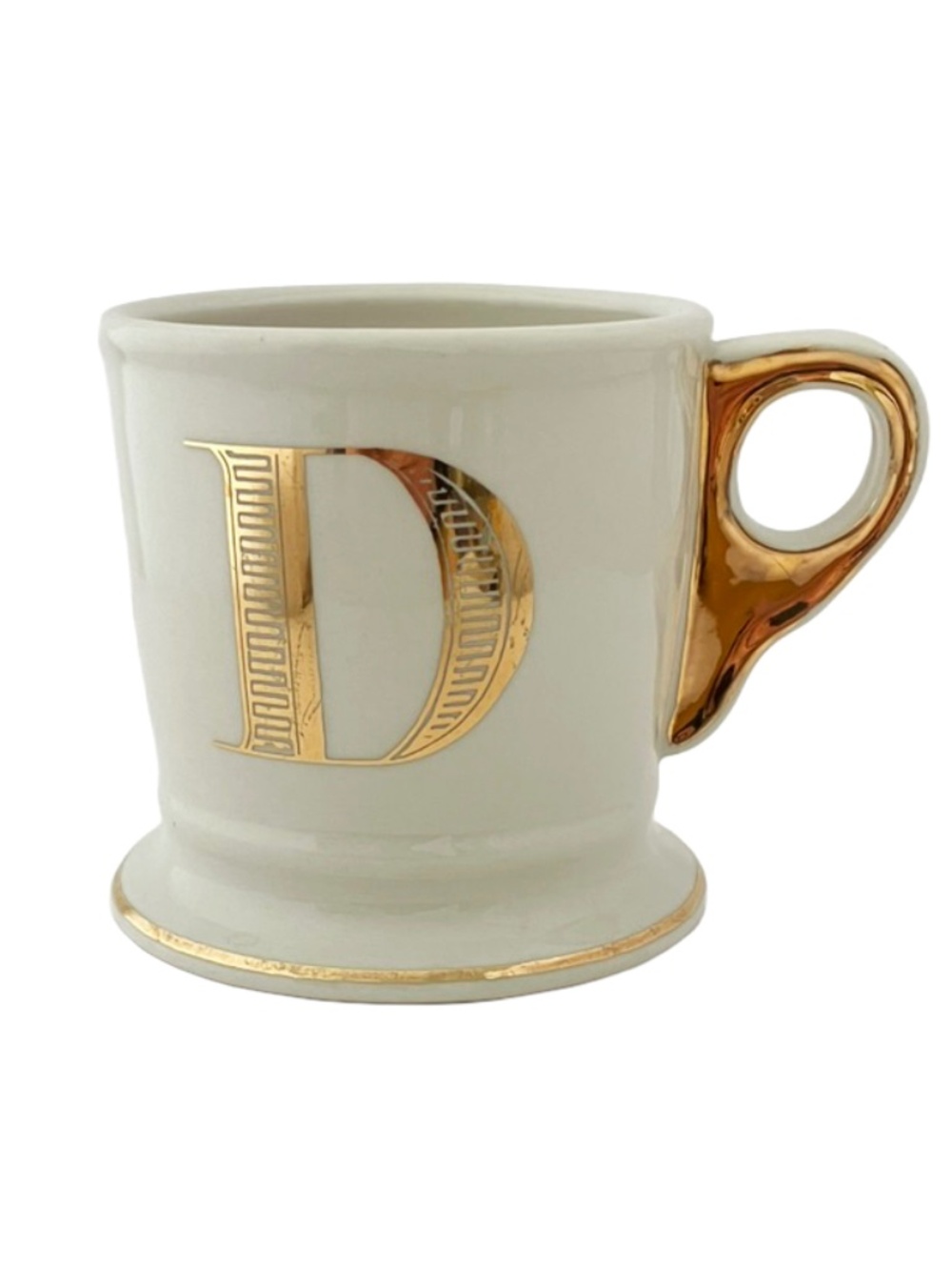 Anthropologie Cream Ceramic Mug with Gold 'D' and Gold Handle